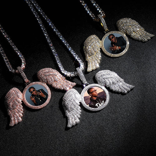 Angel Wings Custom Photo Medallion Necklace Iced Out  Cubic Zirconia Pendant Hip Hop Jewelry