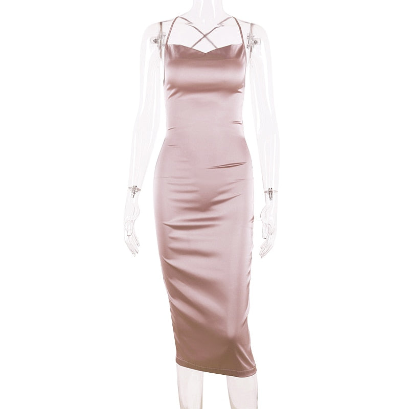 neon satin lace up 2022 summer women bodycon long midi dress sleeveless backless elegant party