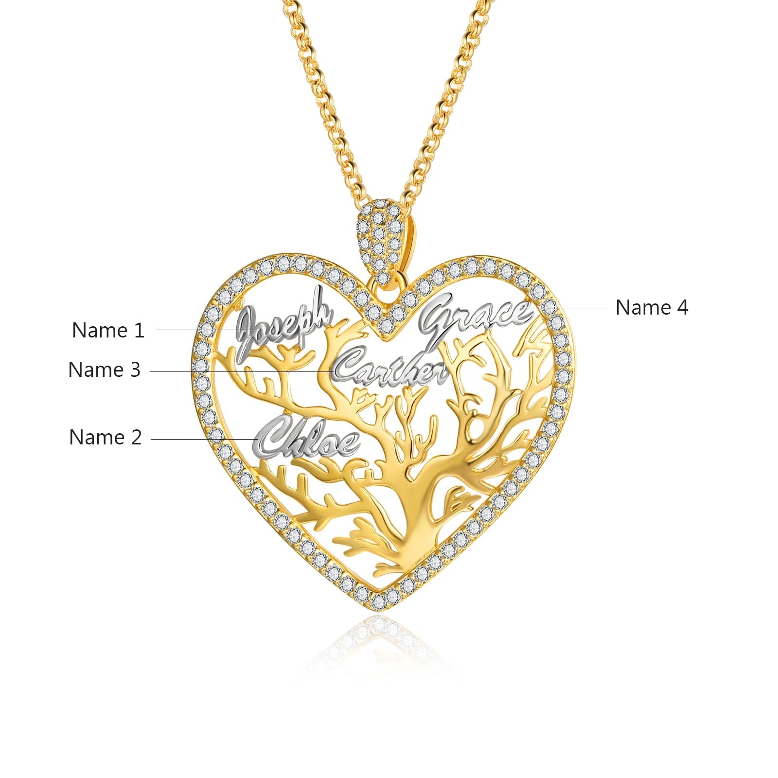 Multi-name Mixed Color Heart Necklace Family Tree of Life Nameplate Pendant