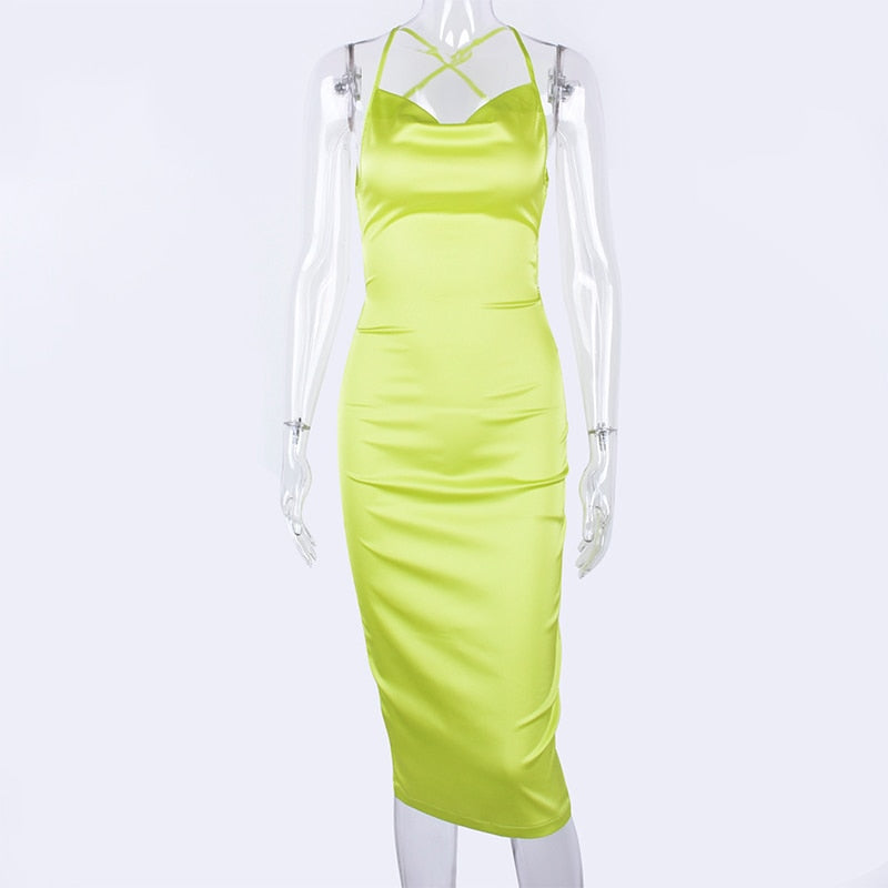 neon satin lace up 2022 summer women bodycon long midi dress sleeveless backless elegant party
