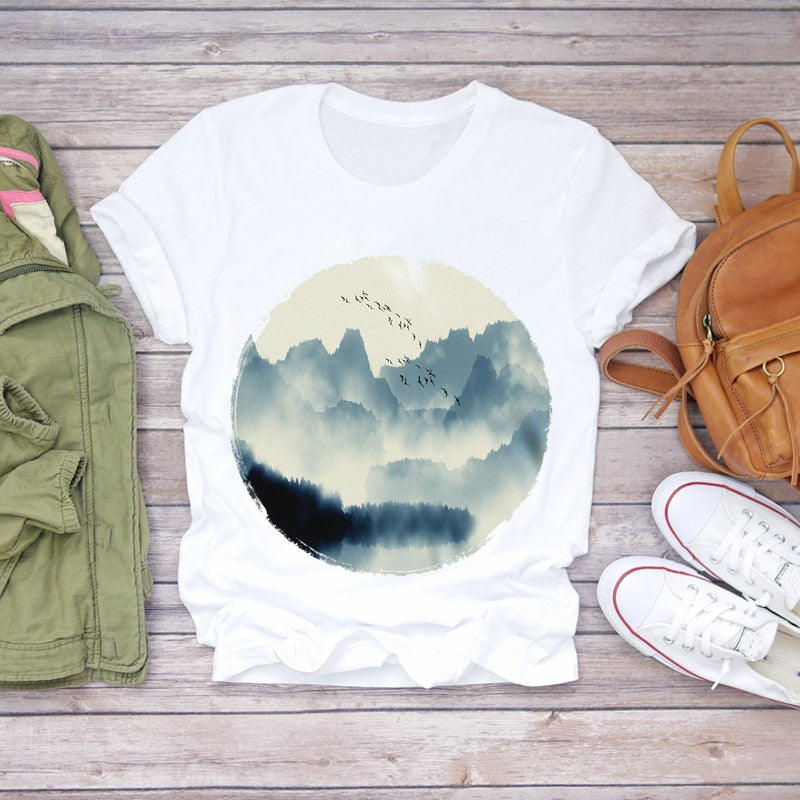 Dream Feather Print Summer Short Sleeve T-Shirts Top Graphic Plue Size
