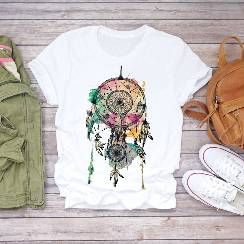 Dream Feather Print Summer Short Sleeve T-Shirts Top Graphic Plue Size