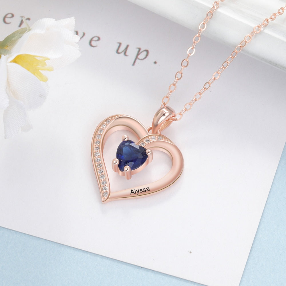 Engrave Name Heart Pendants with Customize Birthstone Necklace