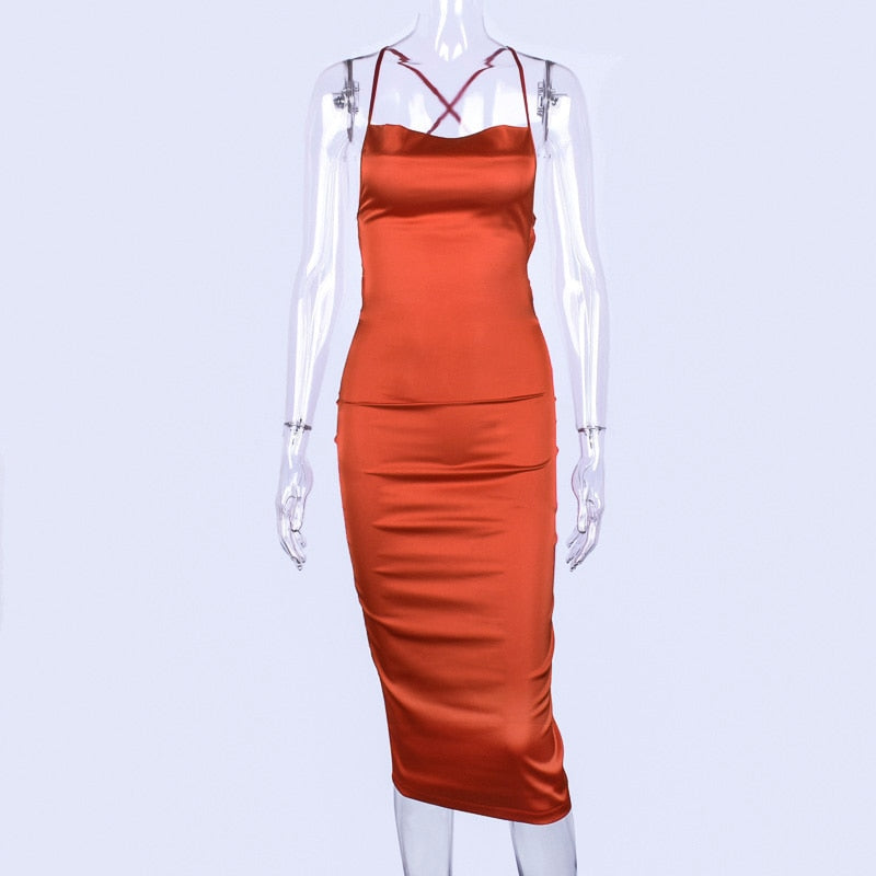 neon satin lace up 2022 summer women bodycon long midi dress sleeveless backless elegant party