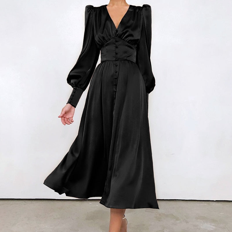 Single Breasted Dress High Waist Satin Long Dress V Neck Women Midi Dresses Lantern Sleeve