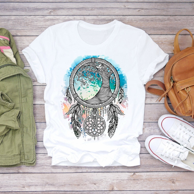 Dream Feather Print Summer Short Sleeve T-Shirts Top Graphic Plue Size
