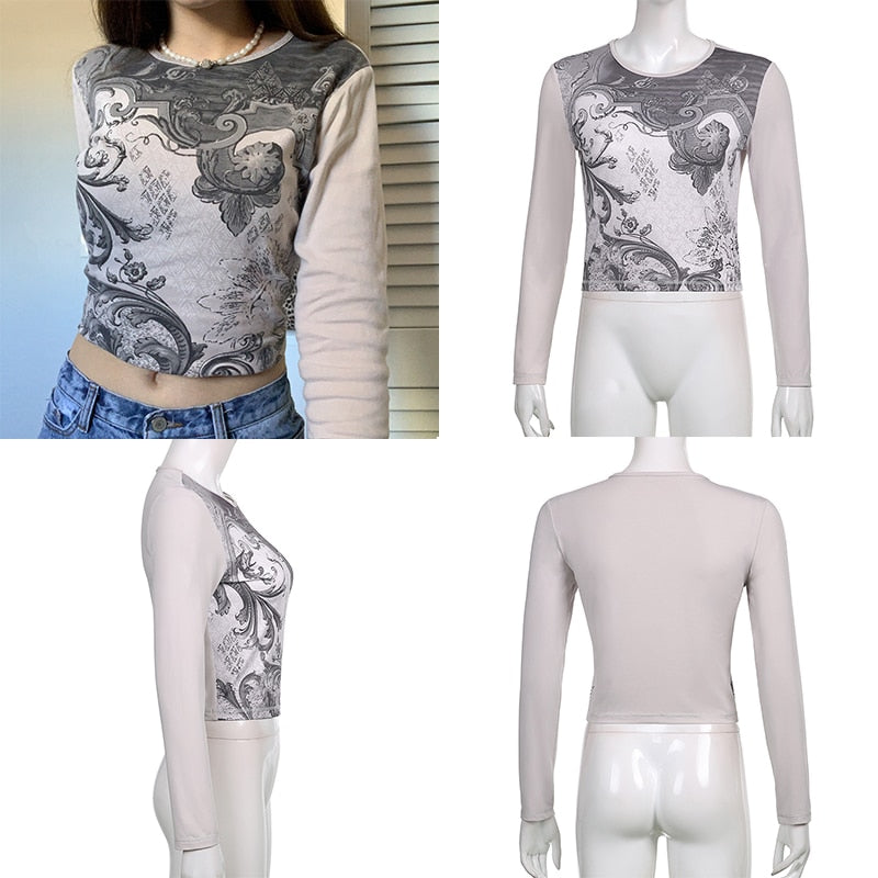 Grunge Tshirts Fairycore Harajuku Graphic Print Gray Cute Casual Tshirts Streetwear Tops