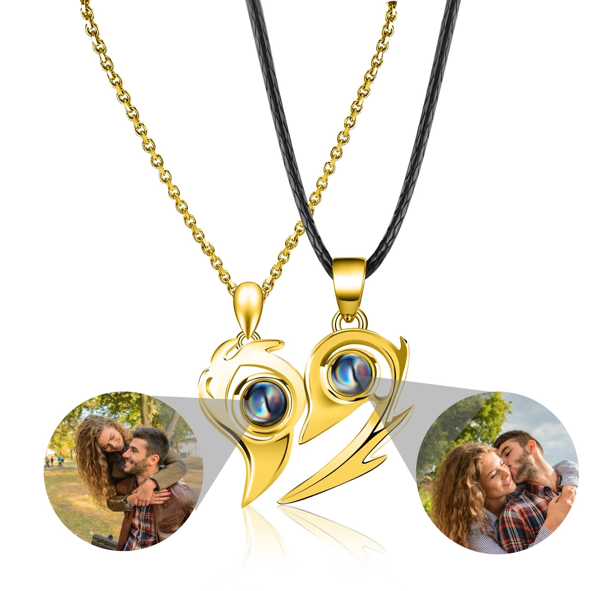 Flame Heart Shaped Custom Photo Projection Couples Necklaces