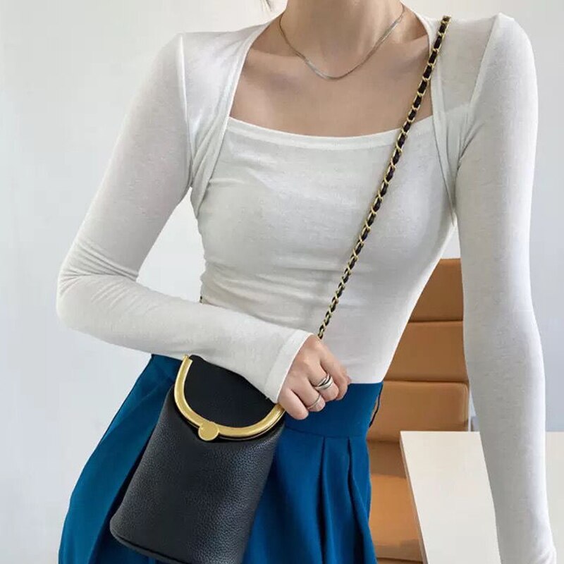 Long Sleeve Tops Women Candy Color Fake Two Piece Skinny T-shirts Female