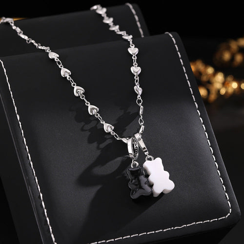 Black and white love bear necklace
