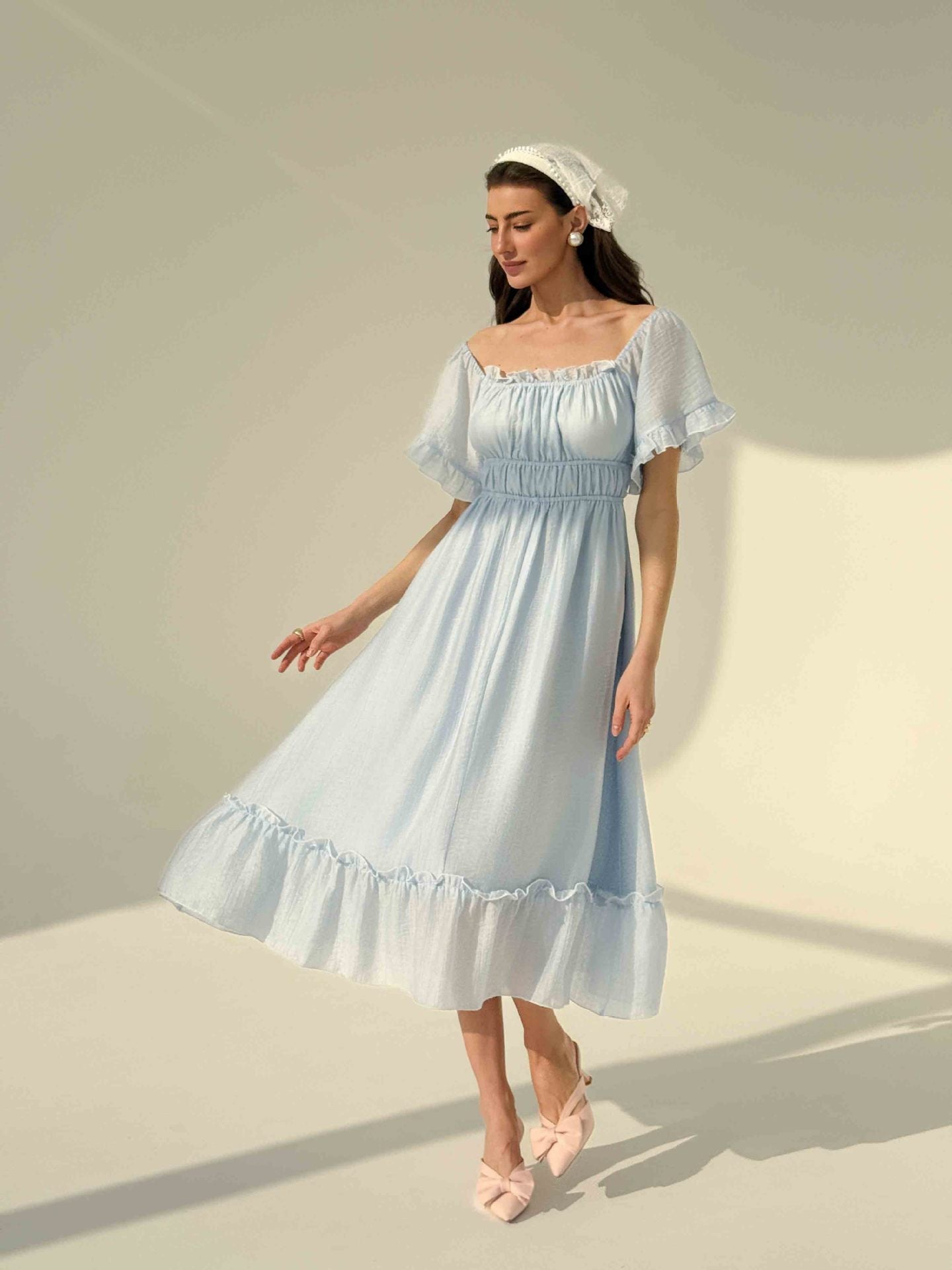 French square neck waist dress