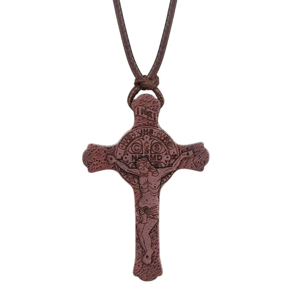 INRI red and black wood cross necklace rope chain religious