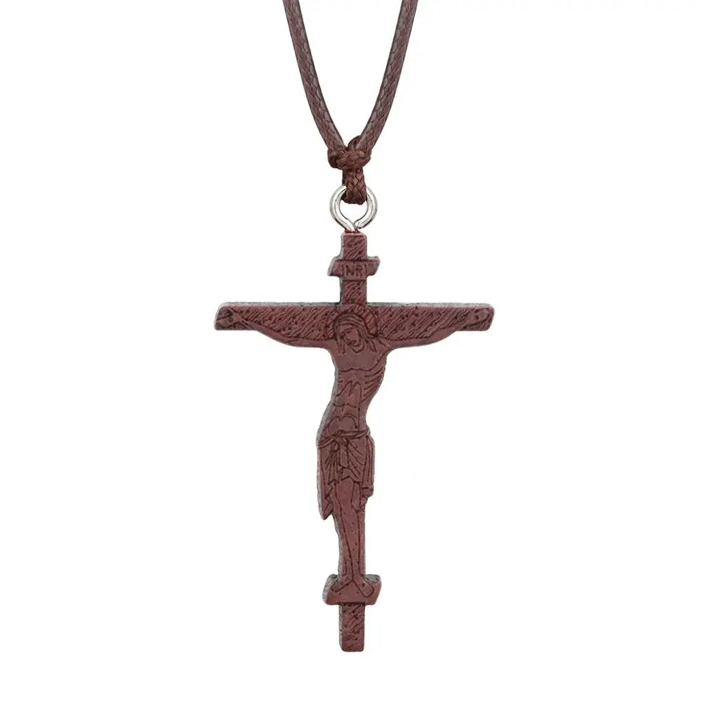 INRI red and black wood cross necklace rope chain religious