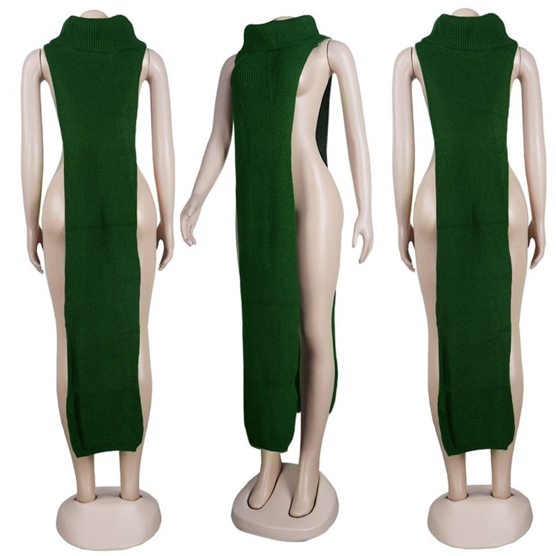 Knitted Side Split Sweater Dress Sleeveless Spring Clothes for Women Y2k Outfits Long Maxi Dresses