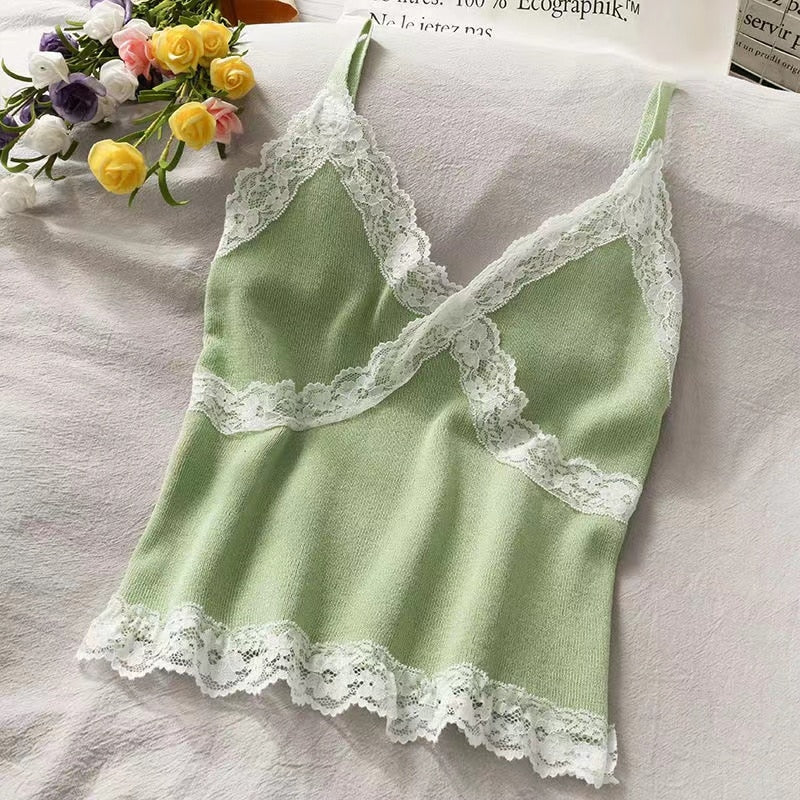 Lace Cami Y2k Tank Top Female V Neck Sleeveless Sexy Blouse Cropped Camisole Knitwear
