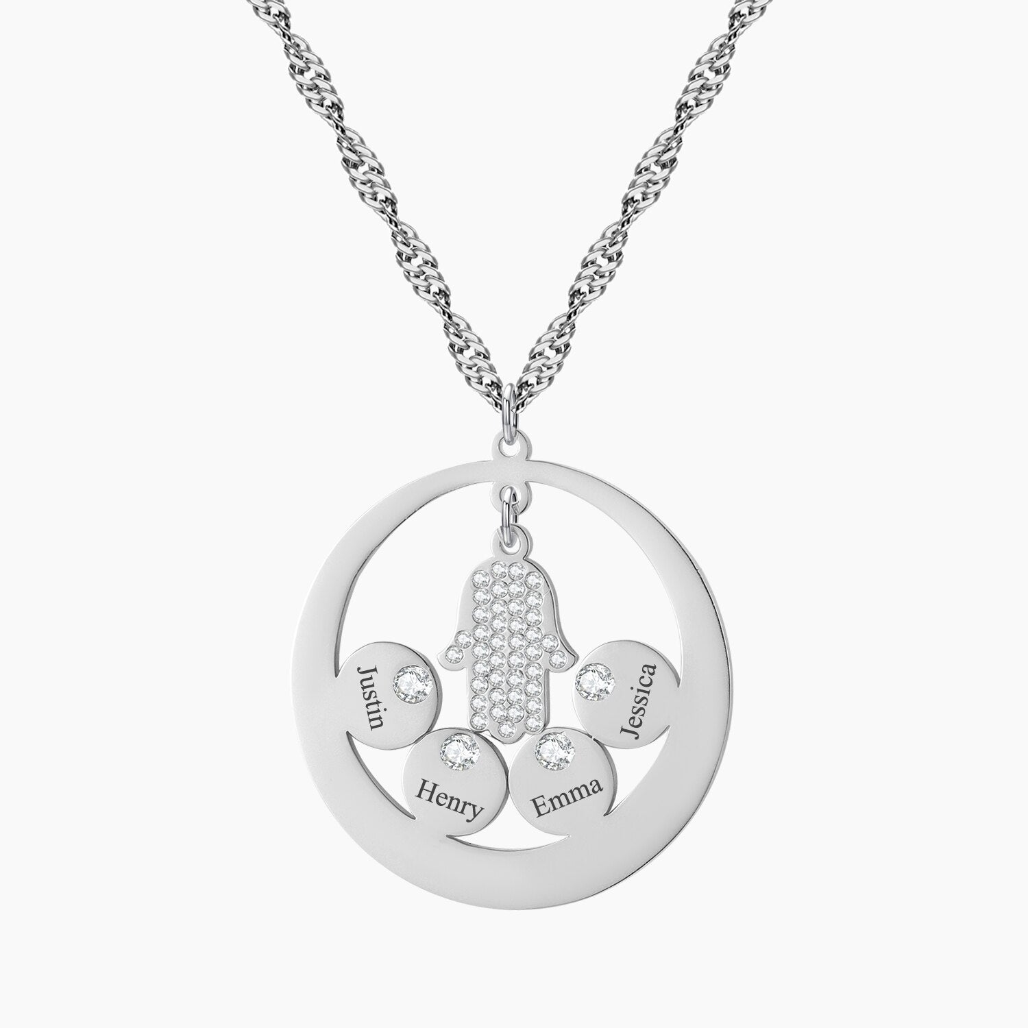 Round Family Name Necklace Hamsa Hand Stainless Steel Necklace Zircon Evil Eye Fatma's Hand