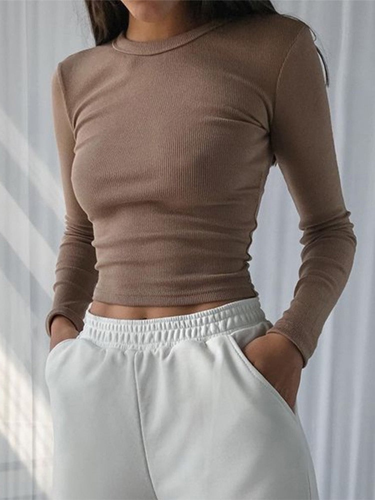 O Neck Long Sleeve Shirt Women Ribbed Sexy Cropped Tops Casual Skinny T Shirts White
