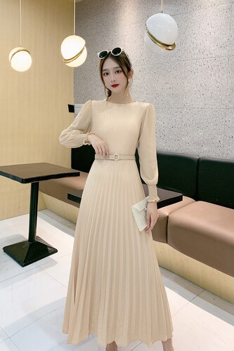 O-neck Long Sleeve A-line Dress Office Lady  Pleated Maxi Dress