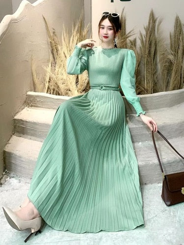 O-neck Long Sleeve A-line Dress Office Lady  Pleated Maxi Dress