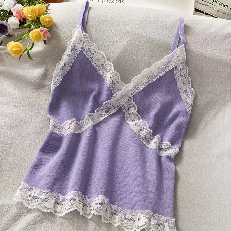 Lace Cami Y2k Tank Top Female V Neck Sleeveless Sexy Blouse Cropped Camisole Knitwear