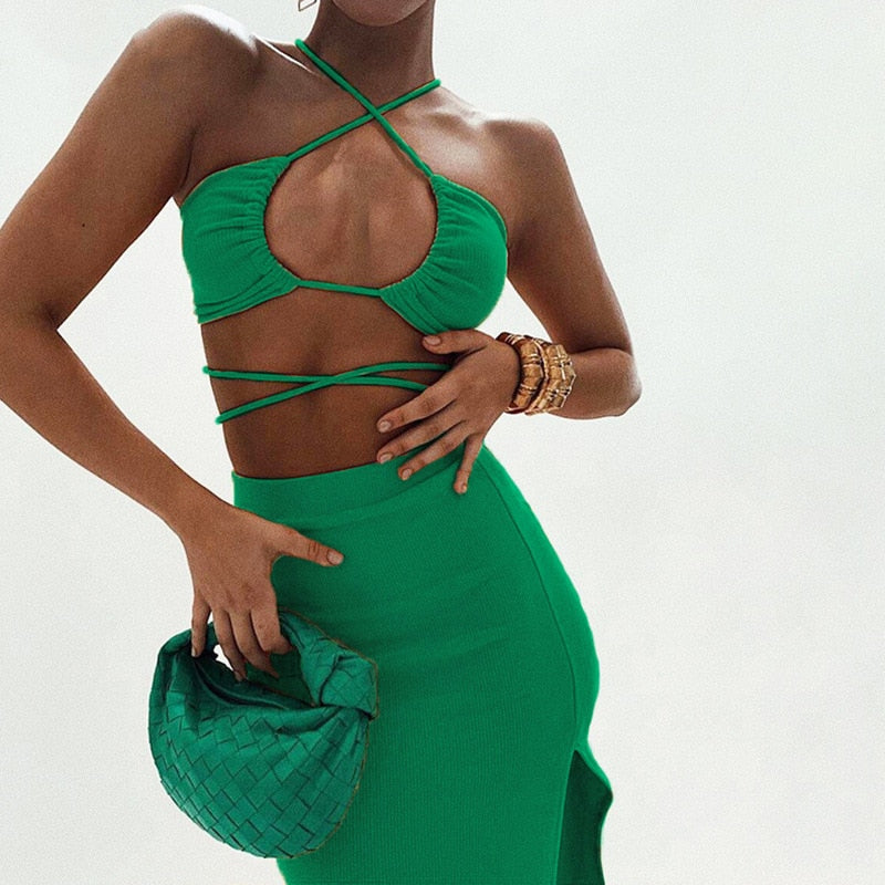 Cryptographic Bandage Cut Out Sexy Halter Neck Top and Skirts Set Gathered Elegant
