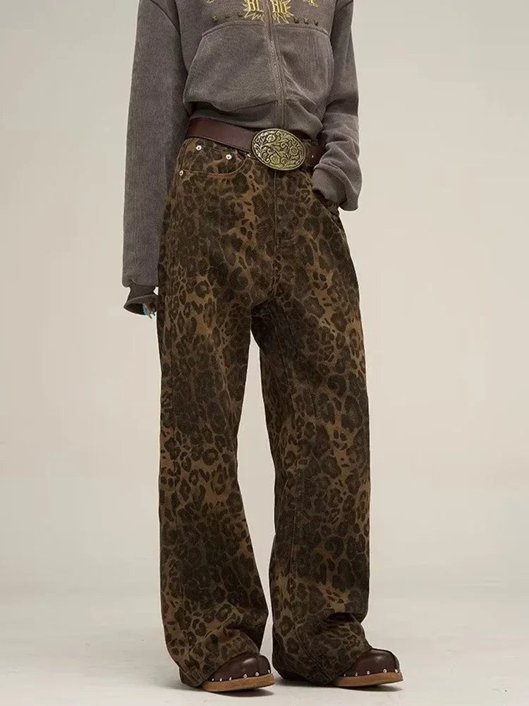 Leopard Print Y2k Jeans Women Oversized Wide Leg Denim Trousers Streetwear