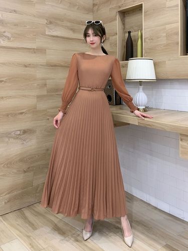 O-neck Long Sleeve A-line Dress Office Lady  Pleated Maxi Dress