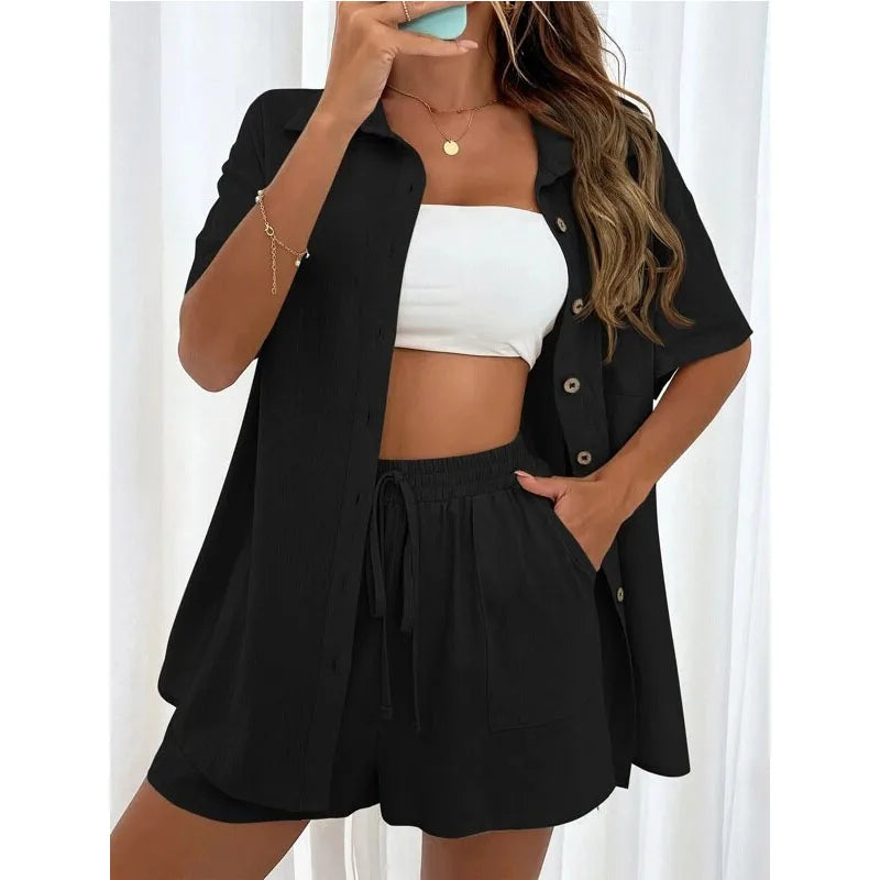 Solid Color Casual Loose Short Pants Sets For Women