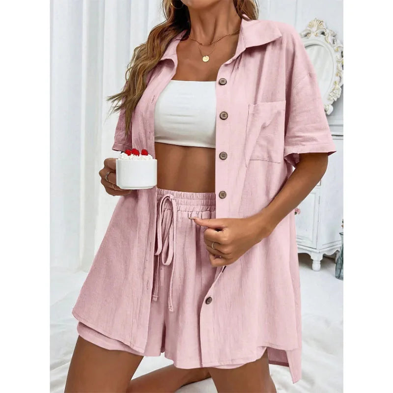 Solid Color Casual Loose Short Pants Sets For Women