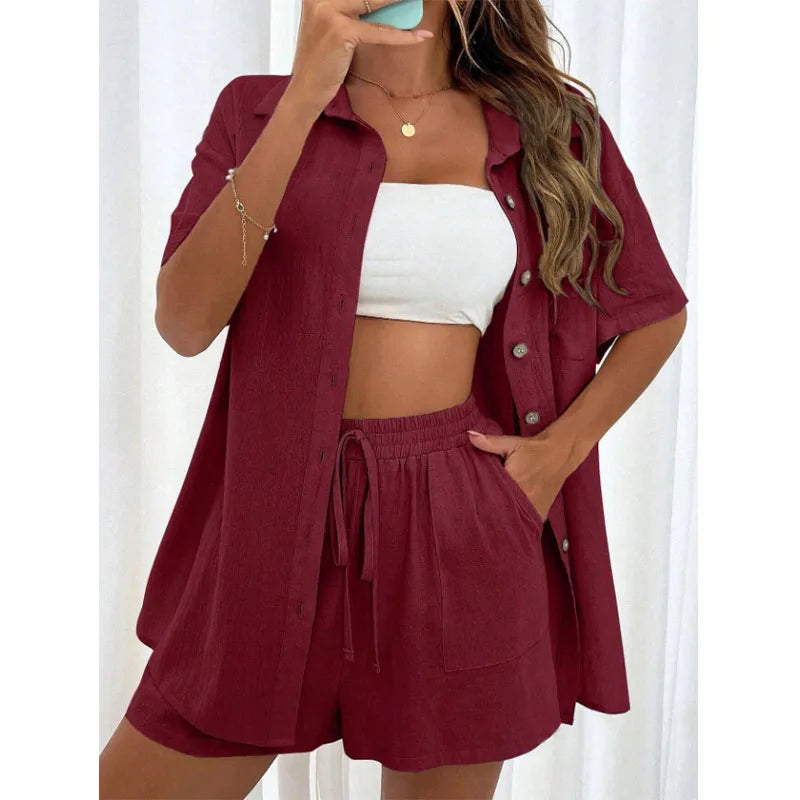 Solid Color Casual Loose Short Pants Sets For Women