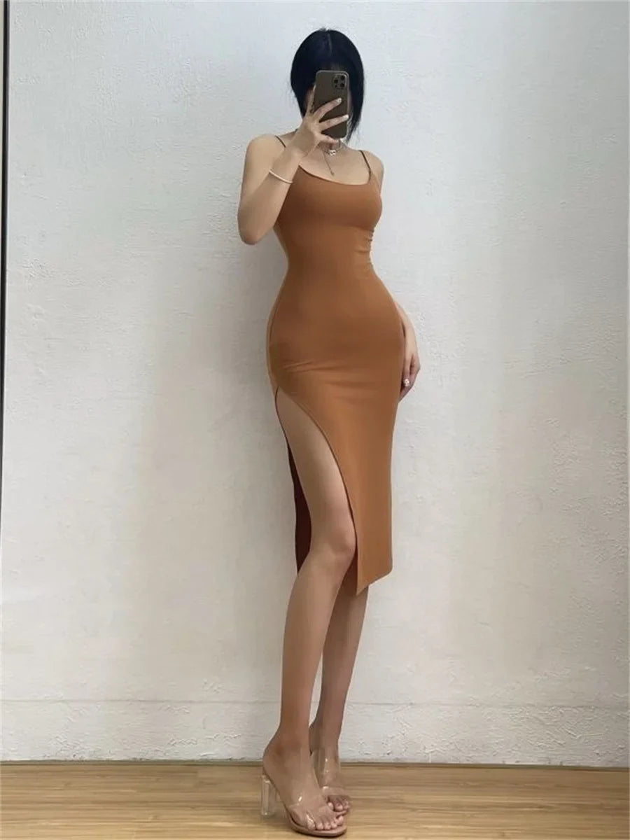 Sleeveless Spaghetti Strap Split Sheath Dress Vestidos