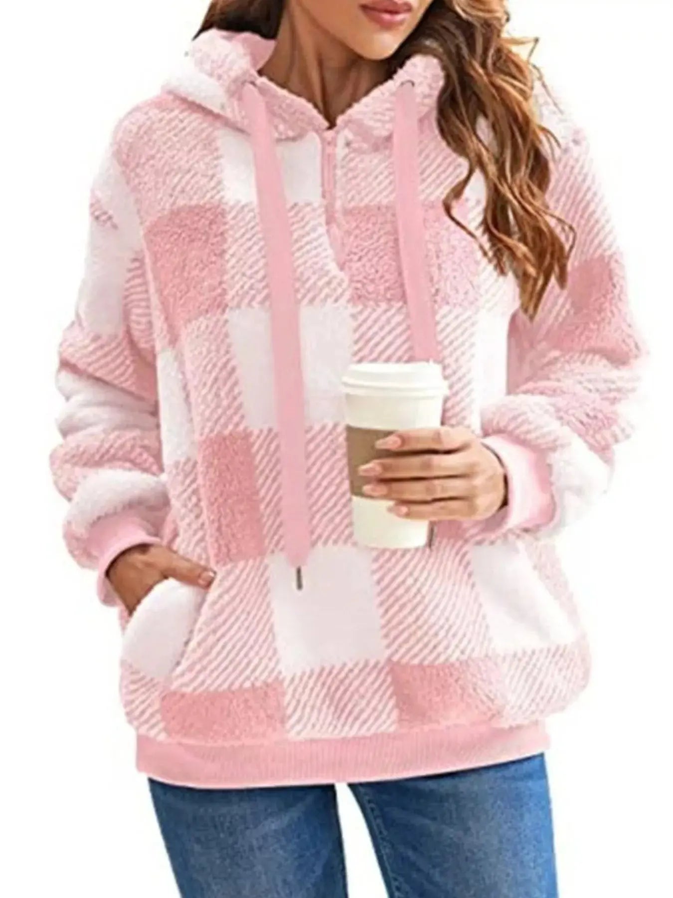 Plus Size Plaid Drawstring Sherpa Hoodie