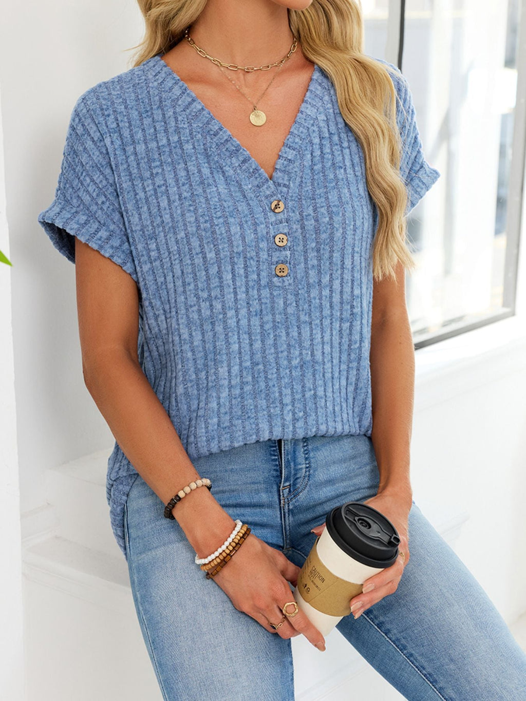 V Neck Ribbed Knit T Shirt