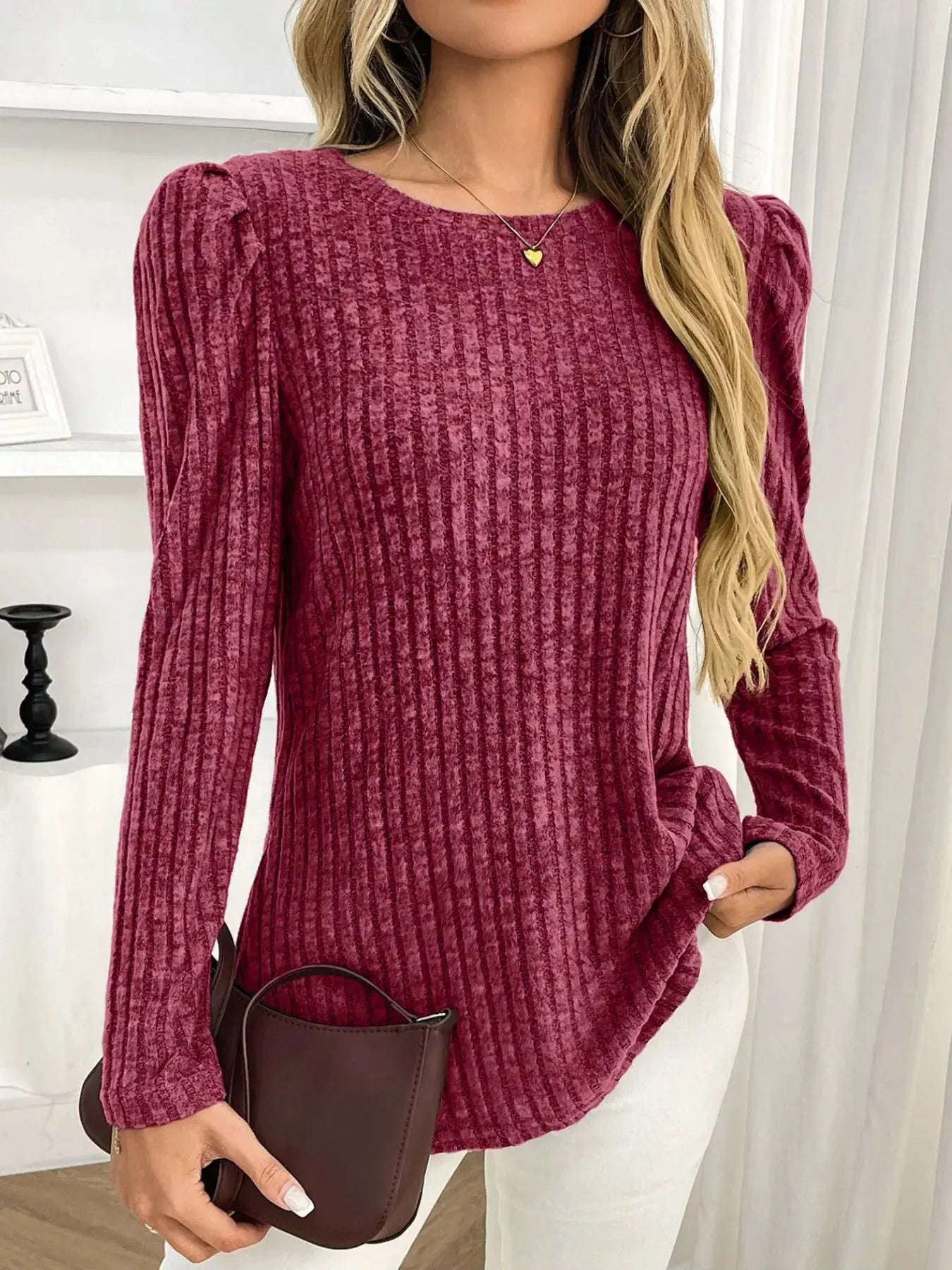 Round Neck Puff Sleeve T Shirt