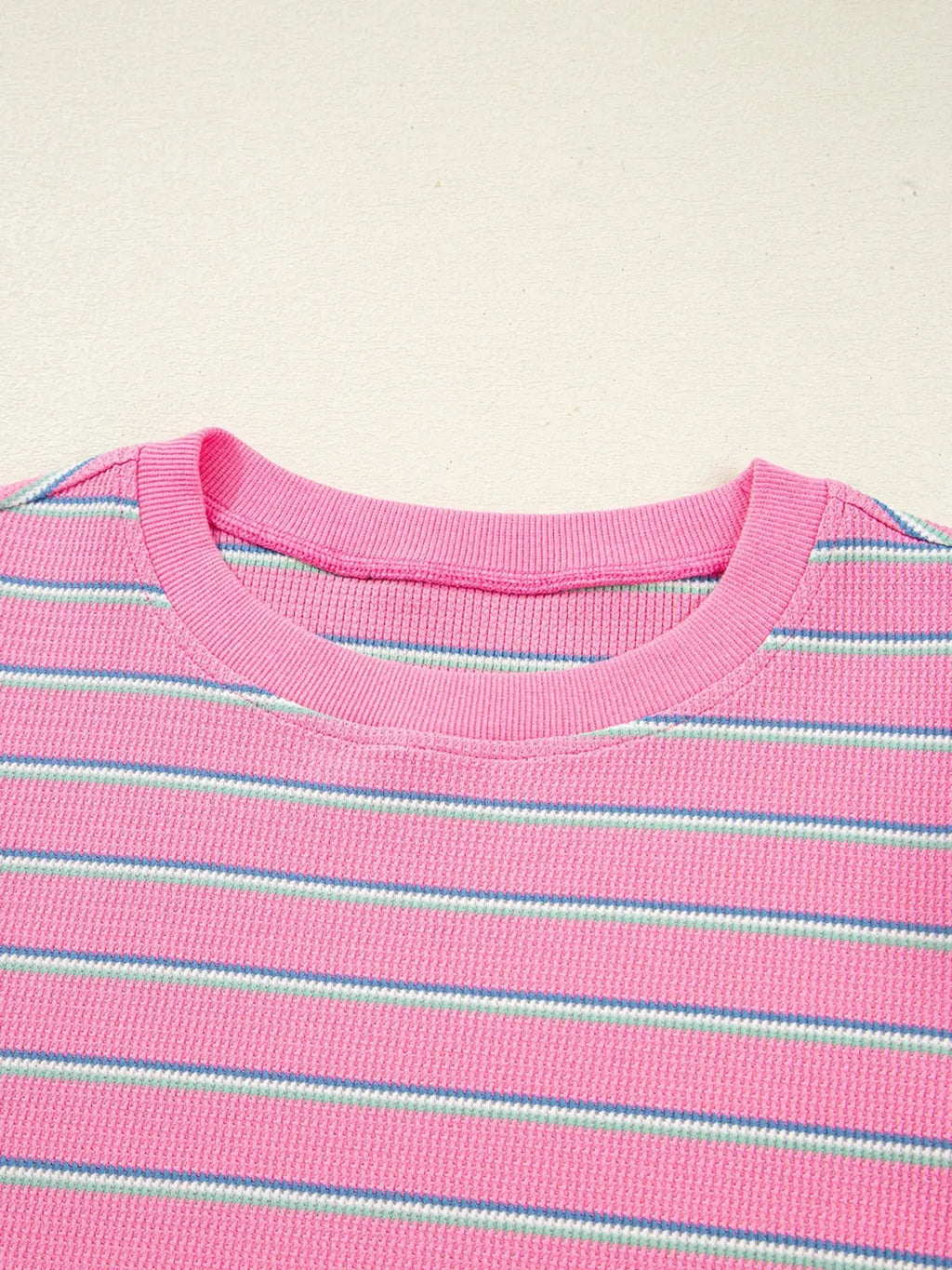 Striped Round Neck Textured Knit Long Sleeve Top