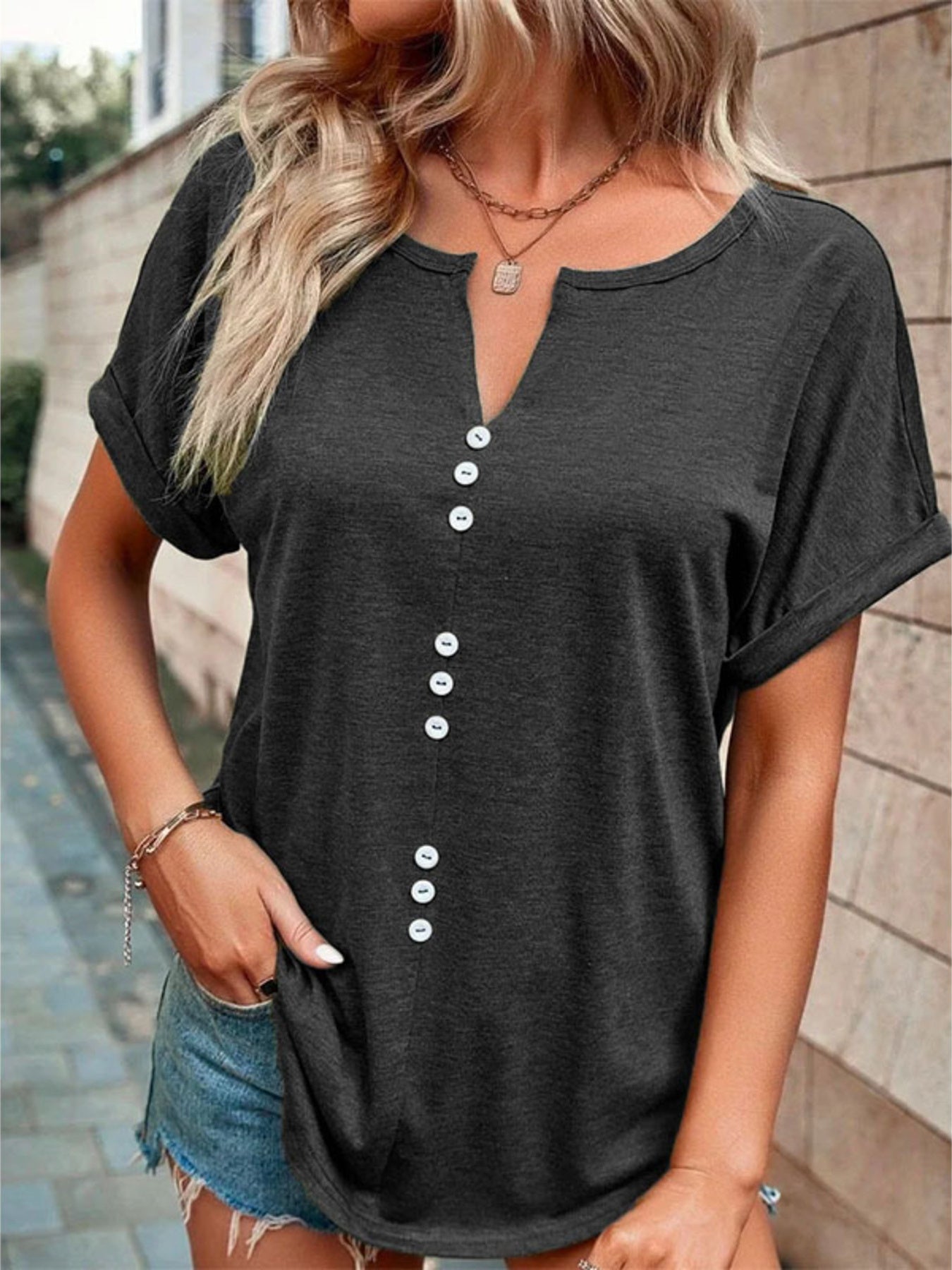 Full Size Decor Button Short Sleeve T Shirt