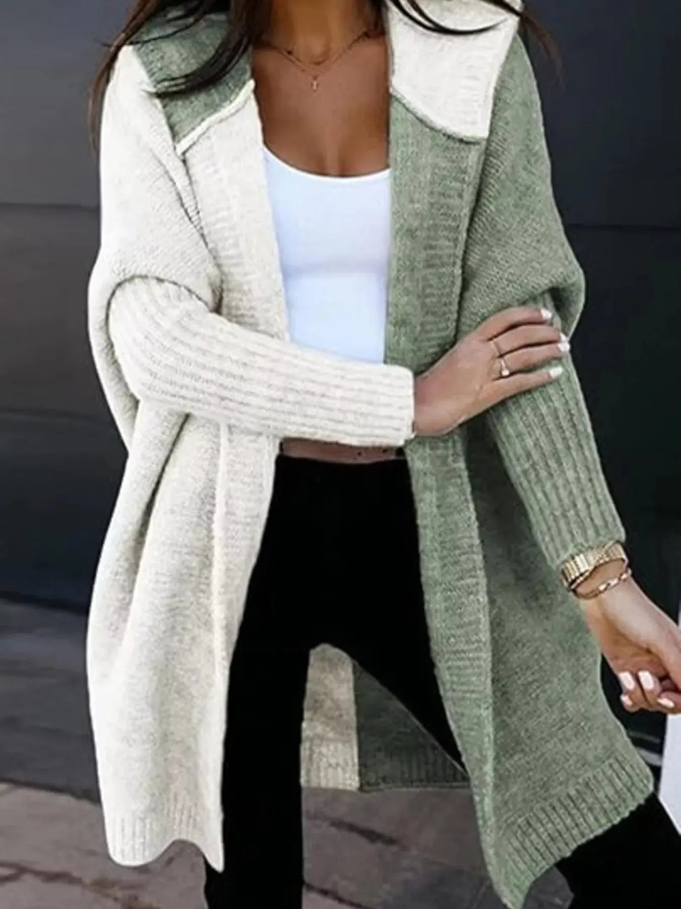 Two-Tone Hooded Open Front Knit Cardigan