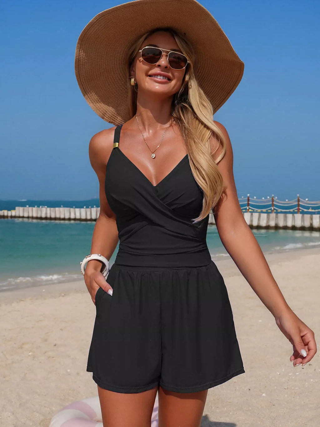 V Neck Spaghetti Strap One Piece Swimsuit