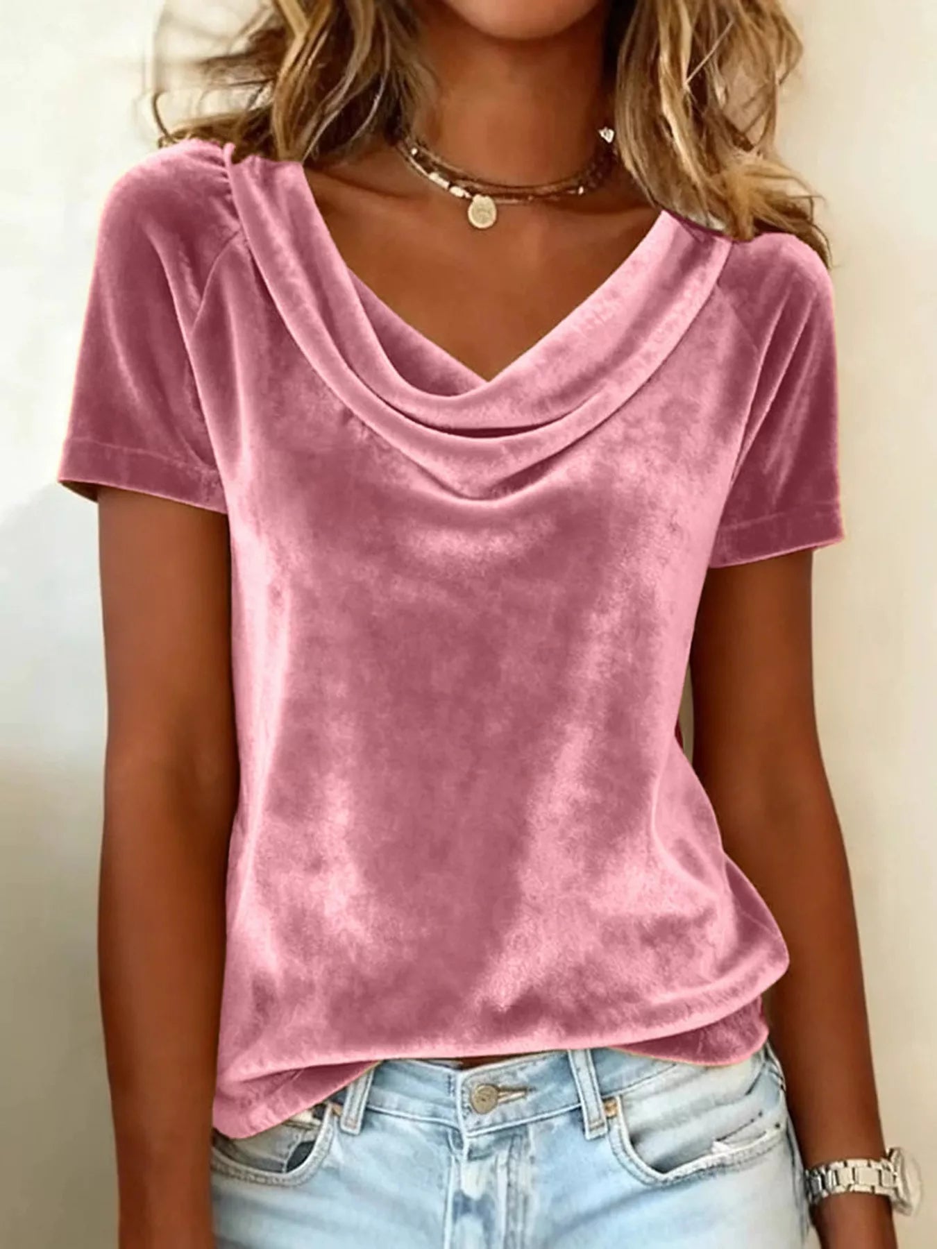 Velvet Cowl Neck Short Sleeve Top