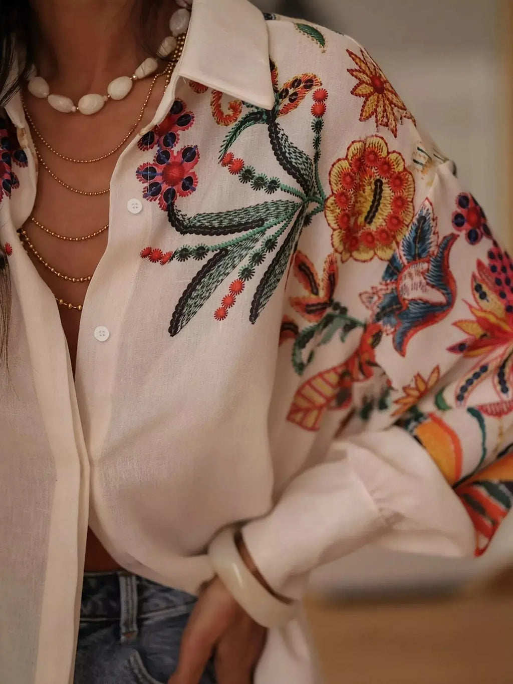 Embroidered Floral Button Up Long Sleeve Shirt