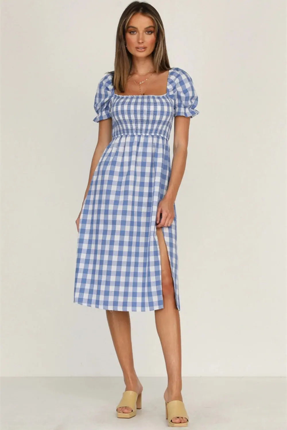 Full Size Slit Plaid Short Sleeve Midi Dress