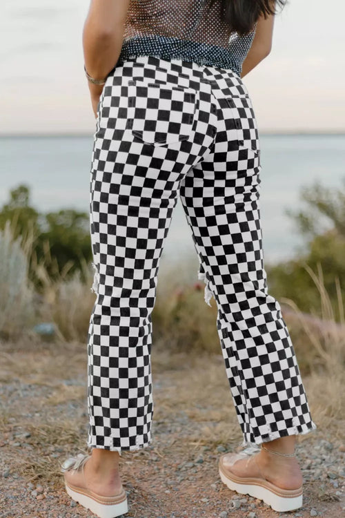 Checkerboard Print Distressed Holes Raw Edge Cropped Jeans
