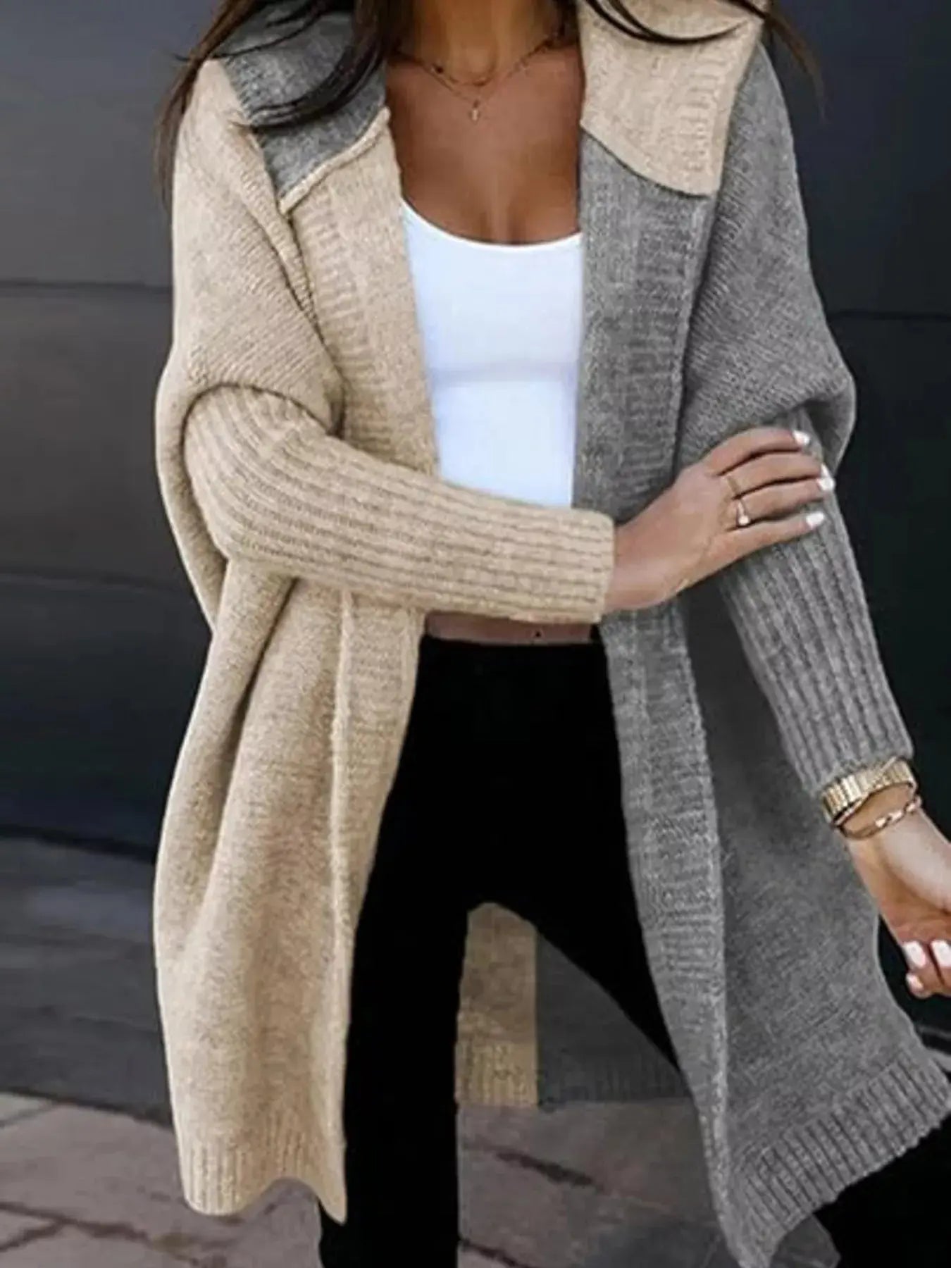 Two-Tone Hooded Open Front Knit Cardigan