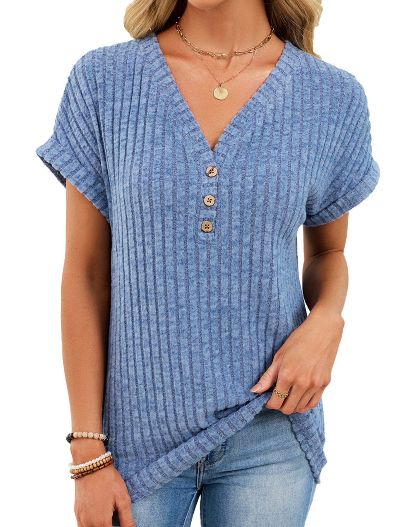 V Neck Ribbed Knit T Shirt