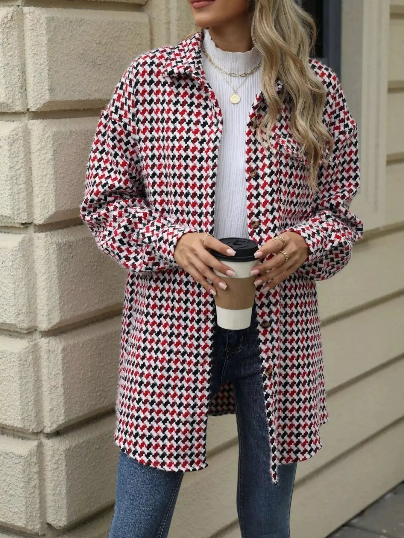 Houndstooth Button Up Long Sleeve Coat