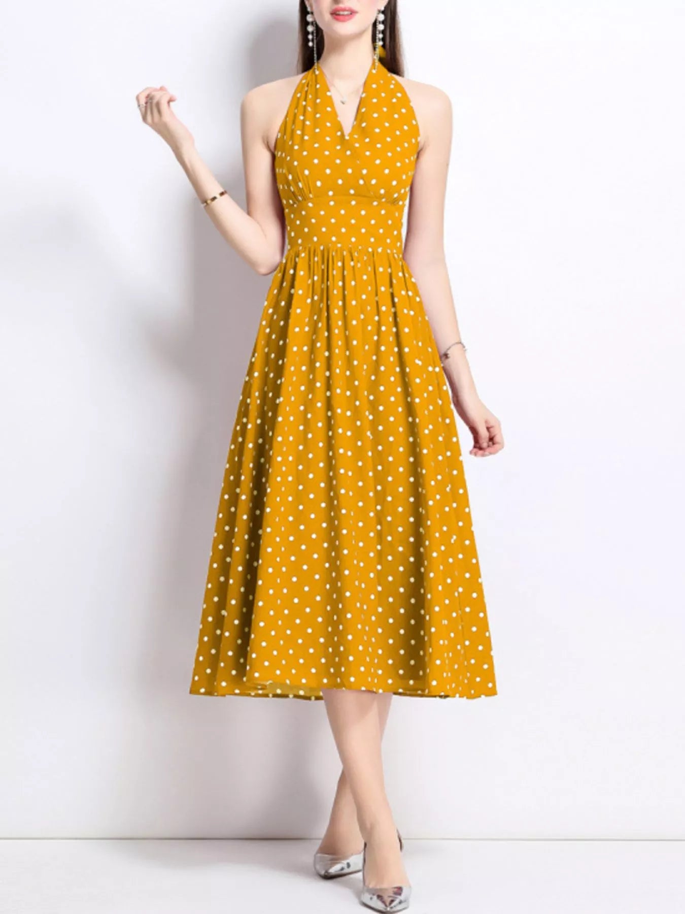 Polka Dot Halter Neck Midi Dress