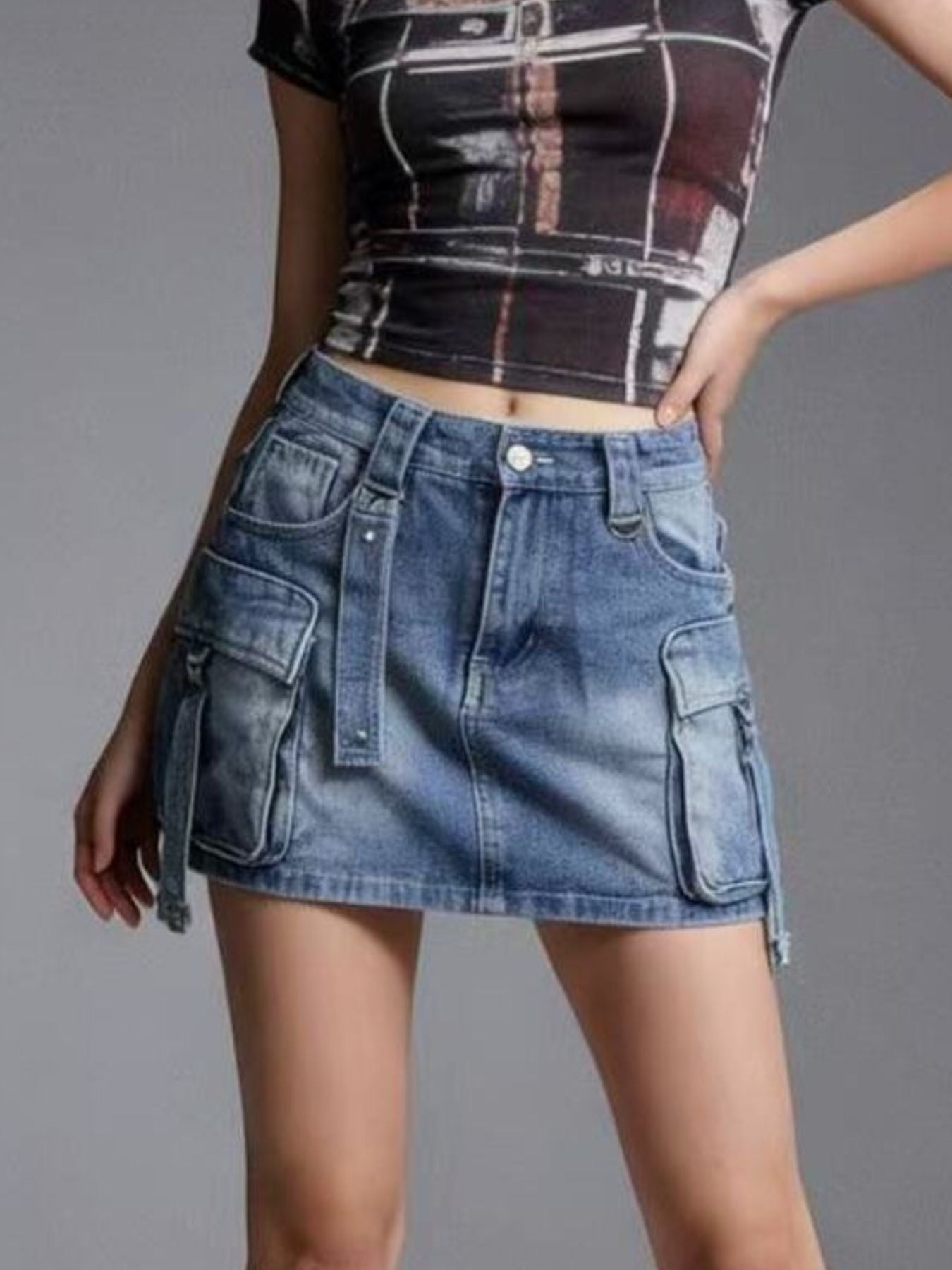 Washed Cargo Denim Skirt