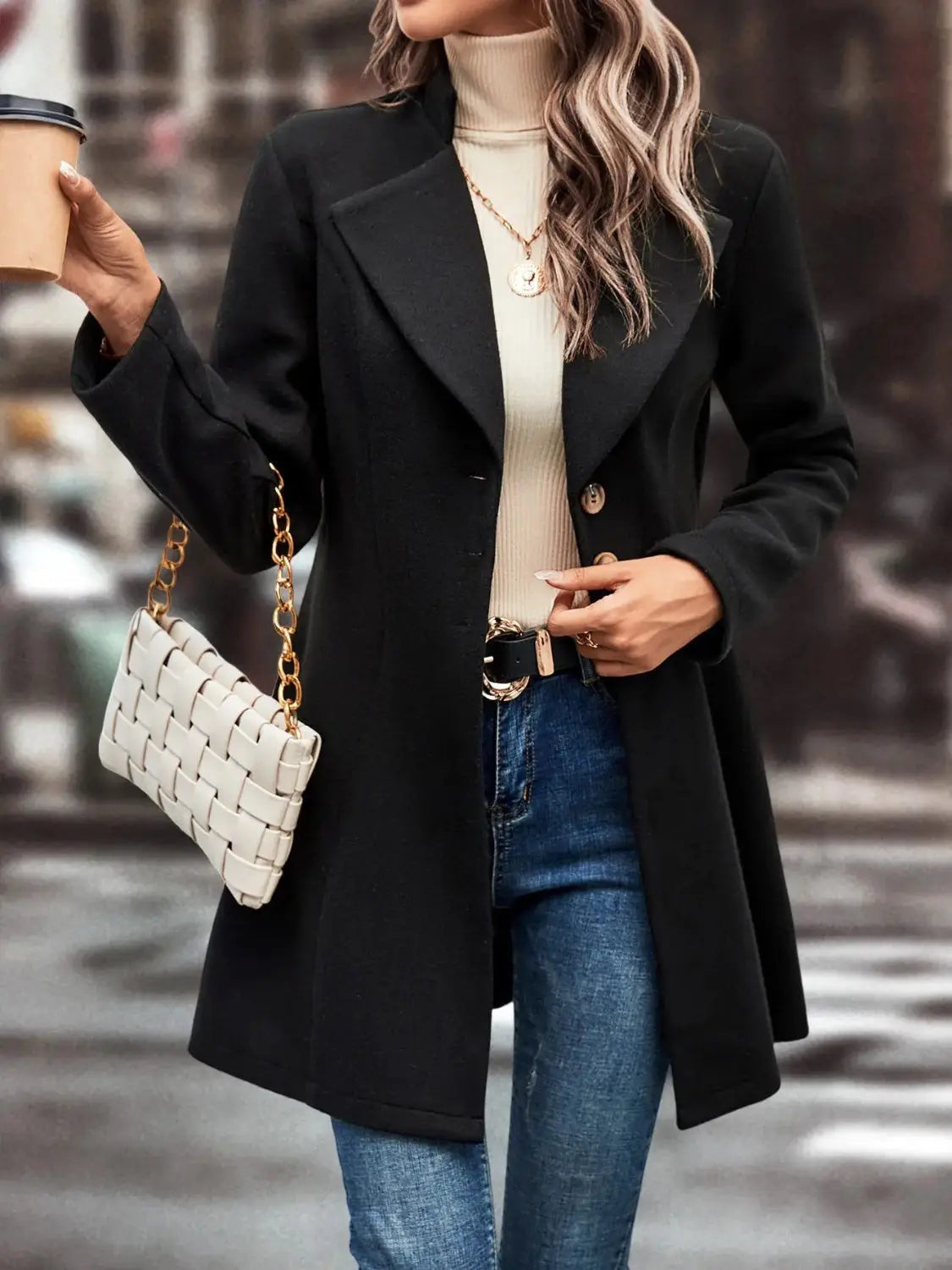 Collared Neck Long Sleeve Womens Longline Coat