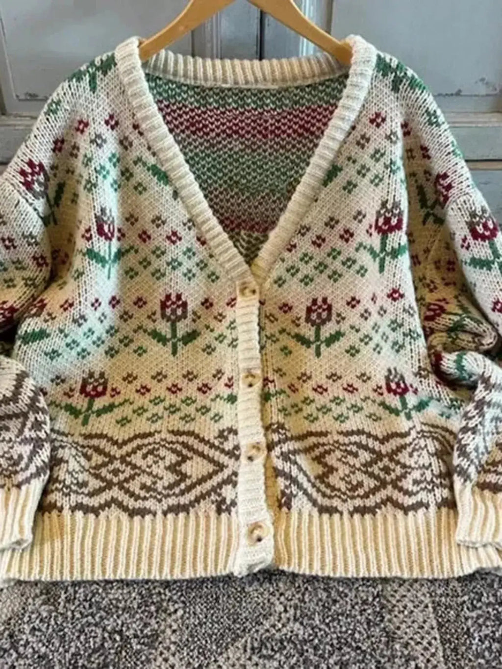 Cozy Vintage Floral Knit Button Up Cardigan