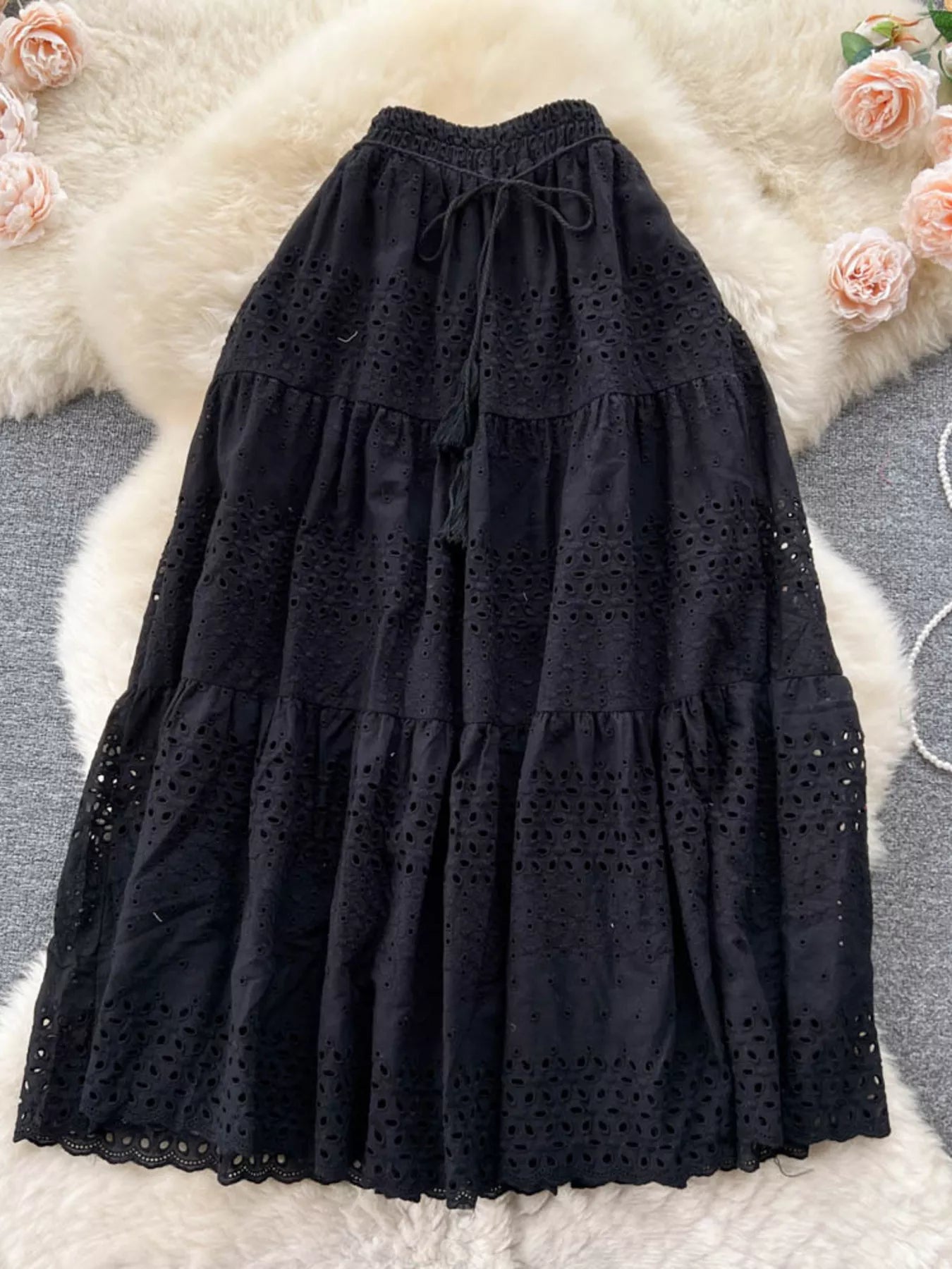 Eyelet Tiered Maxi Skirt